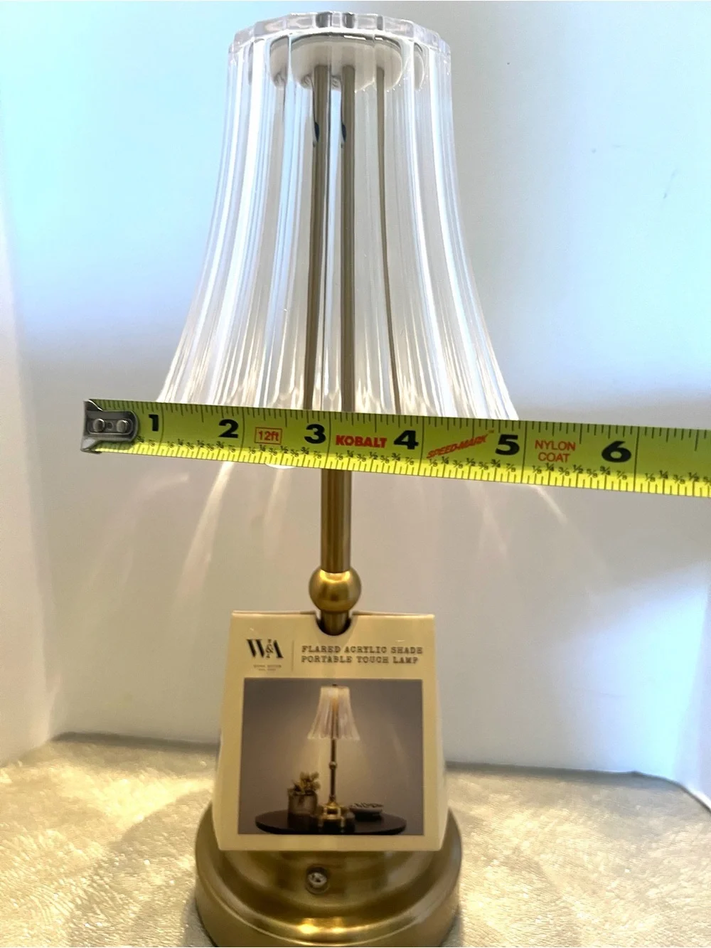 NEW W&A Home Decor Clear Acrylic Shade Rechargeable Touch Gold Table Lantern 12”